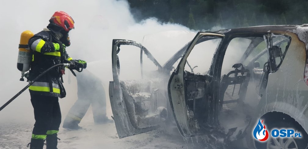 Samochód osobowy doszczętnie spłonął na DW 975. OSP Ochotnicza Straż Pożarna
