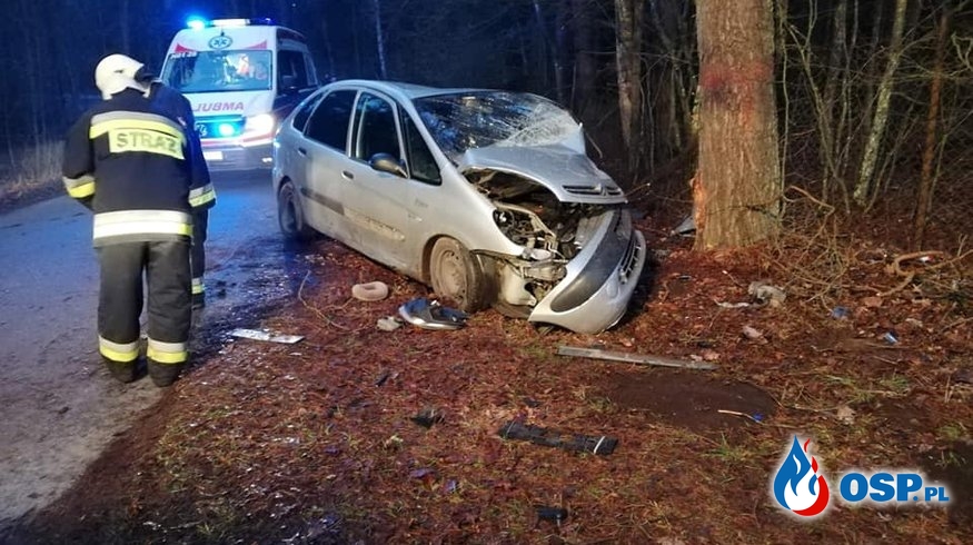 Tragiczny wypadek pod Kętrzynem. Auto uderzyło w drzewo, zginęła pasażerka. OSP Ochotnicza Straż Pożarna