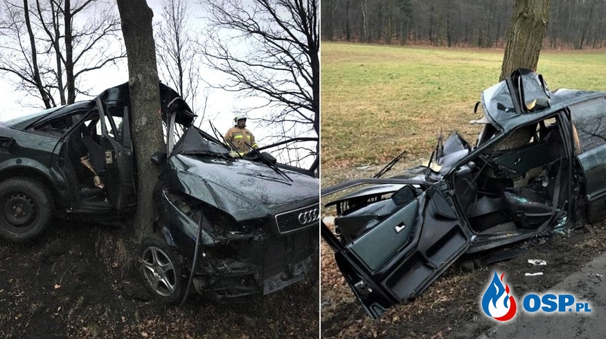 Audi dosłownie owinęło się wokół drzewa, kierowcy nic się nie stało! OSP Ochotnicza Straż Pożarna