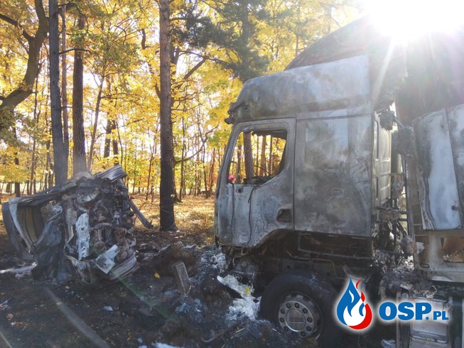 Cztery osoby nie żyją. Uciekali po napadzie, ich auto spłonęło po zderzeniu z ciężarówką. OSP Ochotnicza Straż Pożarna
