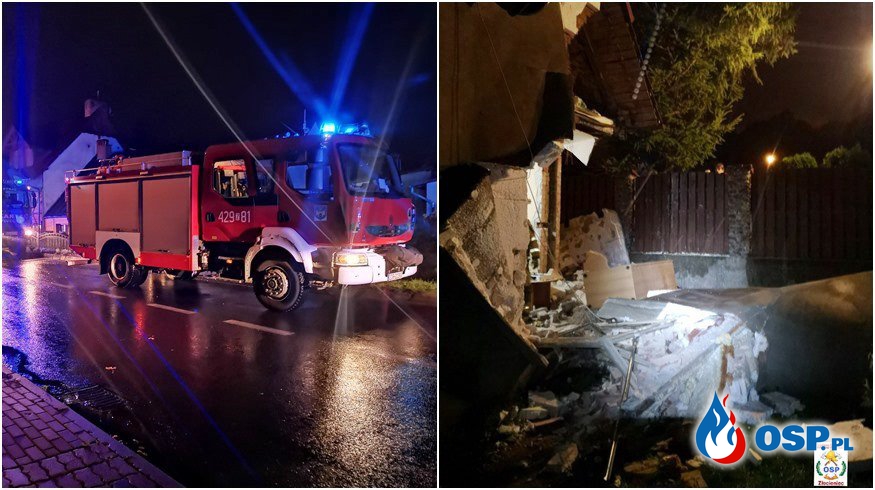 Eksplozja gazu w Złocieńcu. Wybuch uszkodził konstrukcję domu, dwie osoby są ranne. OSP Ochotnicza Straż Pożarna