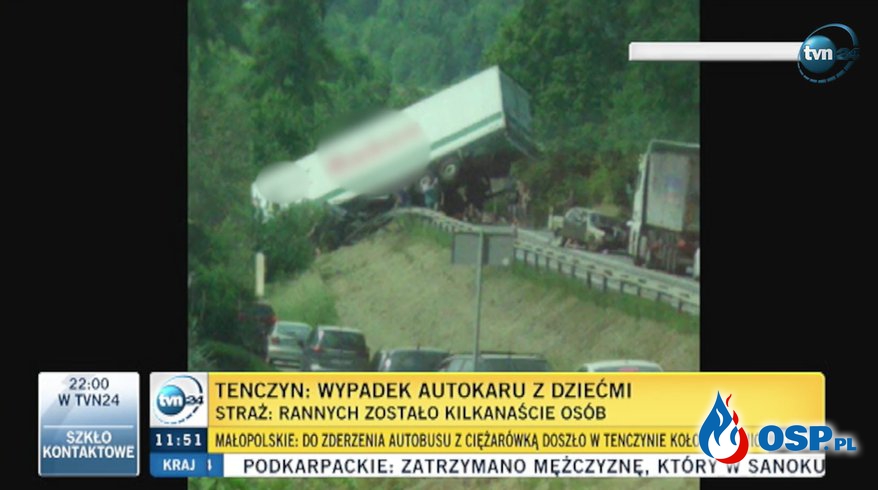 40 osób rannych w wypadku autobusu z ciężarówką na Zakopiance. OSP Ochotnicza Straż Pożarna