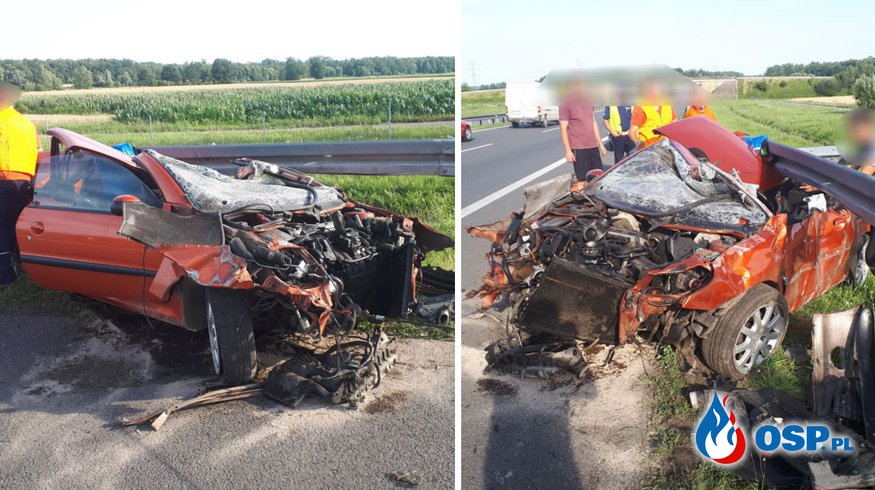 Peugeot 206 wbił się pod barierę na autostradzie. W środku były dwie osoby. OSP Ochotnicza Straż Pożarna