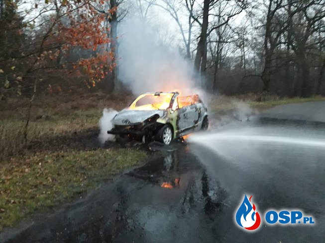 Pożar samochodu osobowego w Krępnej, niedaleko Krapkowic. OSP Ochotnicza Straż Pożarna