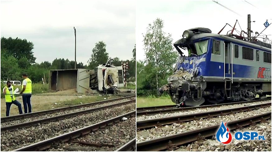 Pociąg staranował ciężarówkę na przejeździe. 42-letni kierowca pojazdu zginął. OSP Ochotnicza Straż Pożarna