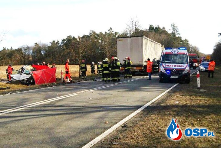 Tragiczny wypadek na Opolszczyźnie. Ciężarówka zderzyła się czołowo z osobową toyota. OSP Ochotnicza Straż Pożarna