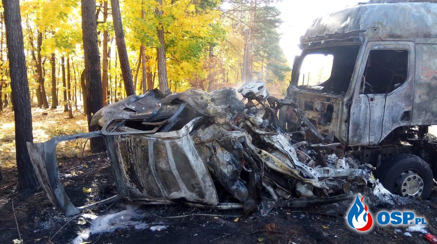 Cztery osoby nie żyją. Uciekali po napadzie, ich auto spłonęło po zderzeniu z ciężarówką. OSP Ochotnicza Straż Pożarna