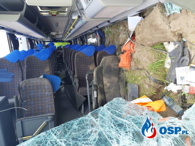 Wypadek w drodze do ZOO. Autobus z dziećmi wjechał do rowu. OSP Ochotnicza Straż Pożarna