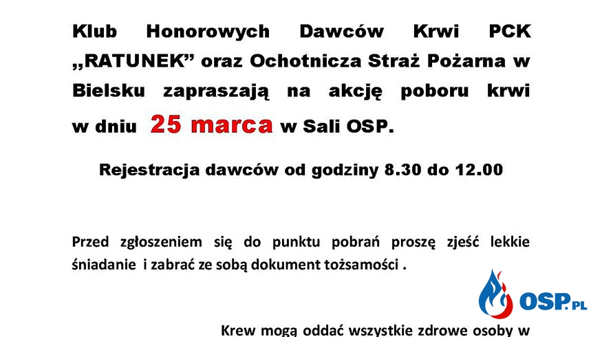 Zbiórka krwi w Bielsku OSP Ochotnicza Straż Pożarna