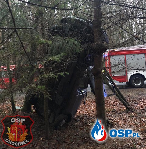 Samochód wypadł z drogi i zatrzymał się pionowo na drzewie. OSP Ochotnicza Straż Pożarna