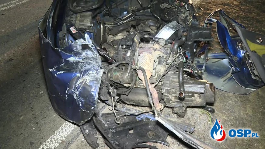 Kobieta zginęła, 10-letnia dziewczynka w szpitalu. Czołowe zderzenie auta z ciężarówką pod Kaliszem. OSP Ochotnicza Straż Pożarna