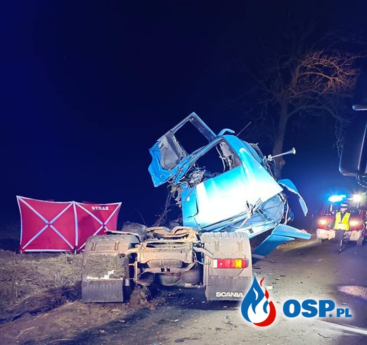 Kierowca ciężarówki zginął w wypadku. Pojazd uderzył w drzewo. OSP Ochotnicza Straż Pożarna