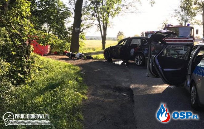 39-letni motocyklista zginął po zderzeniu z BMW X5. OSP Ochotnicza Straż Pożarna