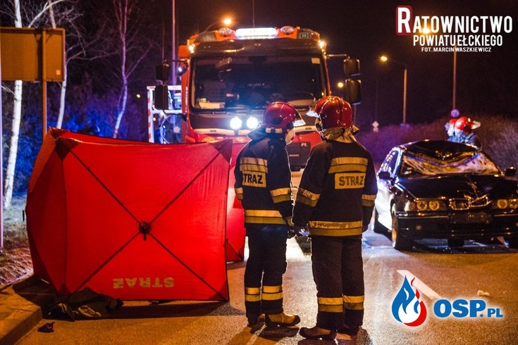 Tragiczny wypadek w Ełku. Kierowca BMW potrącił 33-latka. OSP Ochotnicza Straż Pożarna