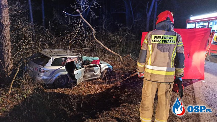 Auto rozbiło się na drzewie, kierująca nim kobieta zginęła na miejscu OSP Ochotnicza Straż Pożarna