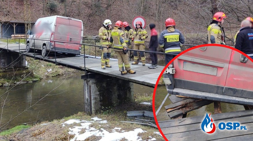 Kurier utknął busem na moście z... desek. OSP Ochotnicza Straż Pożarna