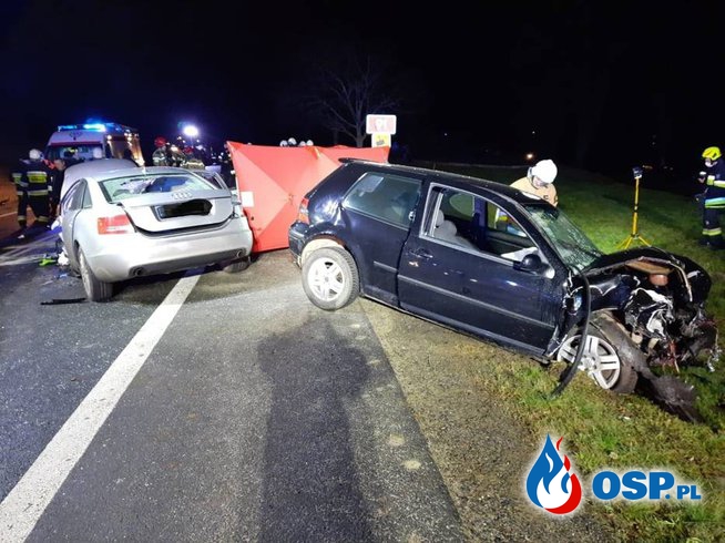 Tragiczne zderzenie trzech aut, z jednego wypadł silnik. Zginęła młoda kobieta. OSP Ochotnicza Straż Pożarna