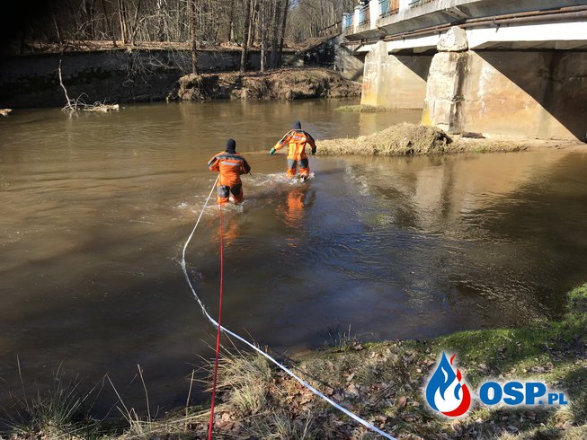 Pomoc Policji w wyciągnięciu zwłok z rzeki. OSP Ochotnicza Straż Pożarna