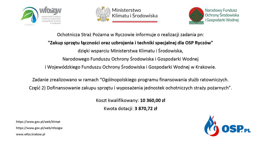 Nowy sprzęt w OSP Ryczów - dofinansowanie WFOŚiGW w Krakowie OSP Ochotnicza Straż Pożarna