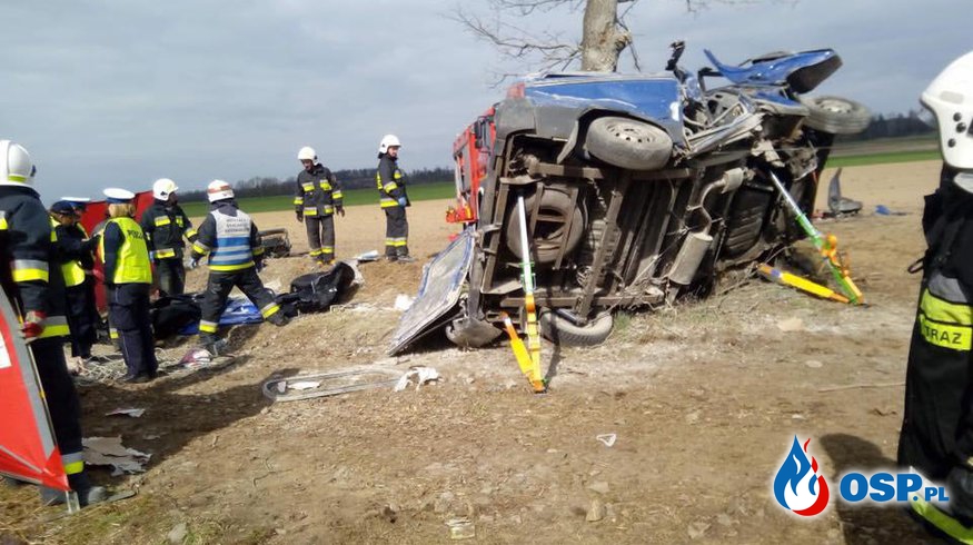 Kierowca z 2 promilami wjechał busem w drzewo. Zginął pasażer. OSP Ochotnicza Straż Pożarna