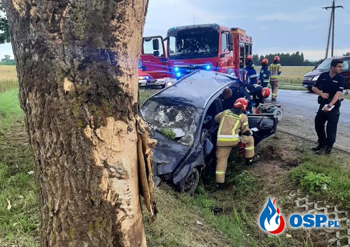 33-letni kierowca nie żyje. Jego auto uderzyło w drzewo. OSP Ochotnicza Straż Pożarna
