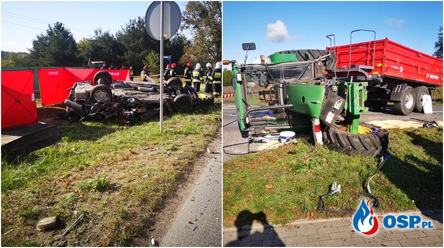 Auto zderzyło się z traktorem i dachowało. Nie żyje 19-latek. OSP Ochotnicza Straż Pożarna