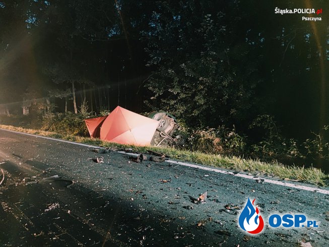 Dwóch kierowców zginęło w wypadku na Śląsku. Ich auta zderzyły się czołowo. OSP Ochotnicza Straż Pożarna