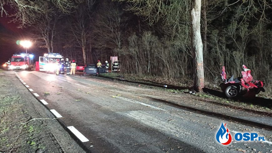 Mazda rozpadła się na pół. Tragiczny wypadek na trasie Wieleń - Kuźniczka. OSP Ochotnicza Straż Pożarna