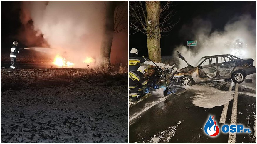 Świadkowie uratowali kierowcę z płonącego auta. Pojazd uderzył w drzewo. OSP Ochotnicza Straż Pożarna