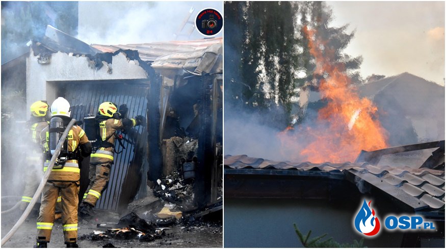 Pożar domu pod Piasecznem, ogień z przyłącza gazowego sięgał kilku metrów. Dwie osoby zostały ranne. OSP Ochotnicza Straż Pożarna