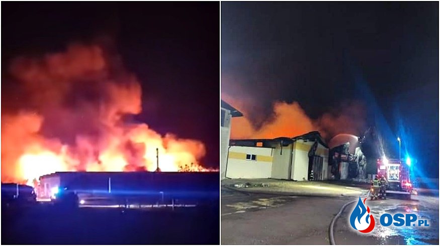 Blisko 100 strażaków gasiło pożar w Krasocinie. Spłonęły dwie hale produkcyjne. OSP Ochotnicza Straż Pożarna