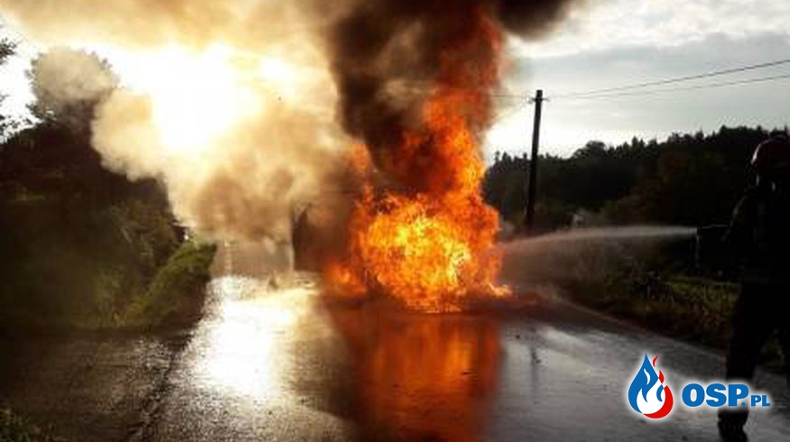Pożar samochodu w Nawojowej. Auto zapaliło się w trakcie jazdy. OSP Ochotnicza Straż Pożarna