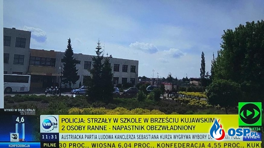 Strzały w szkole podstawowej w Brześciu Kujawskim. Dwie osoby trafiły do szpitala. OSP Ochotnicza Straż Pożarna