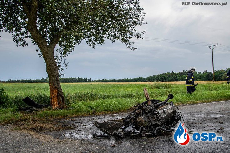 Audi A3 uderzyło w dwa drzewa. Z samochodu wypadł silnik, kierowca walczy o życie. OSP Ochotnicza Straż Pożarna