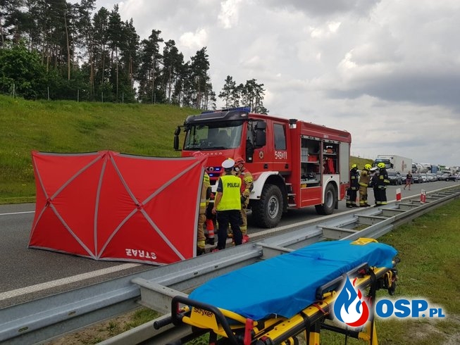 Tragiczny wypadek na A1. Samochód zderzył się z ciężarówką i uderzył w barierę. OSP Ochotnicza Straż Pożarna