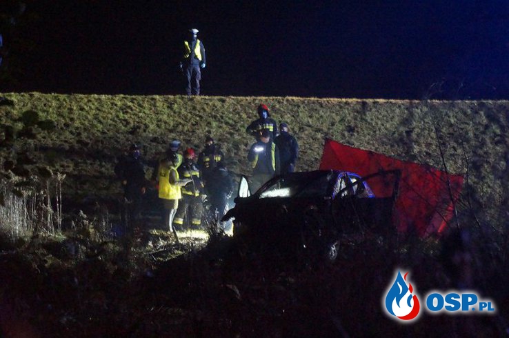 Trzy osoby zginęły w wypadku w Lubelskiem. Auto wybiło się na nasypie i wpadło do wody. OSP Ochotnicza Straż Pożarna