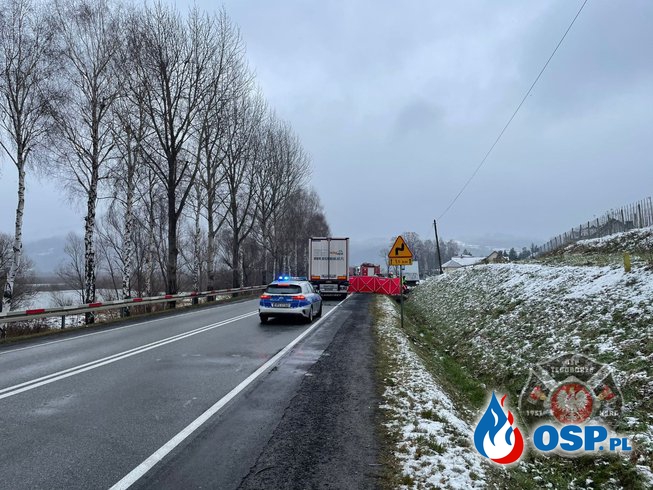 BMW zderzyło się z ciężarówką. 28-latek zginął na miejscu. OSP Ochotnicza Straż Pożarna