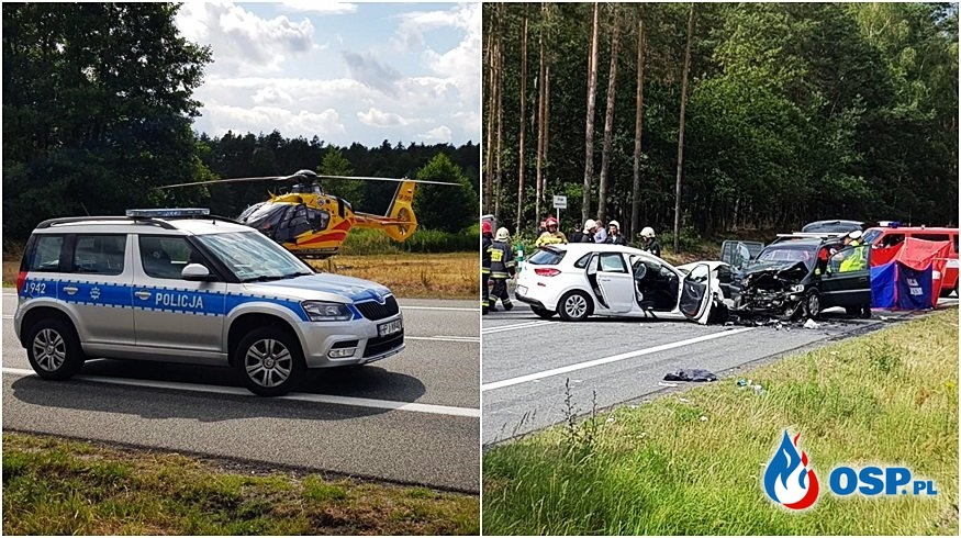 Czołowe zderzenie podczas wyprzedzania pod Opolem. Zginęła jedna osoba, 5 jest rannych. OSP Ochotnicza Straż Pożarna