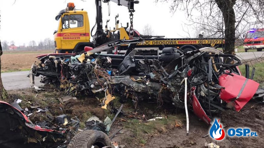 BMW zmiażdżone po uderzeniu w drzewo. Tragiczny wypadek w Wielkopolsce. OSP Ochotnicza Straż Pożarna