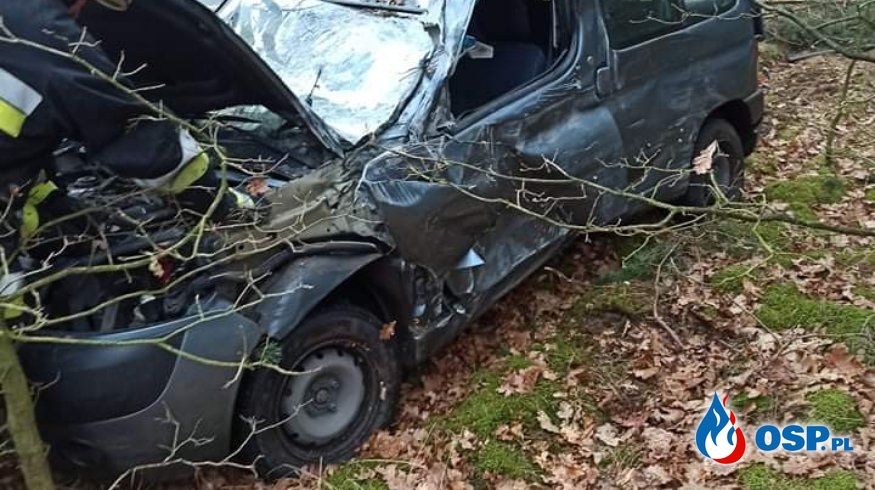 Kierowca skosił betonowy słup i wjechał w las OSP Ochotnicza Straż Pożarna