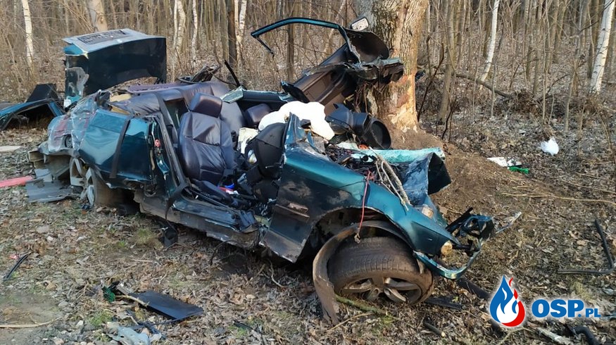 BMW roztrzaskało się na drzewie. Zginęło dwóch młodych mężczyzn. OSP Ochotnicza Straż Pożarna