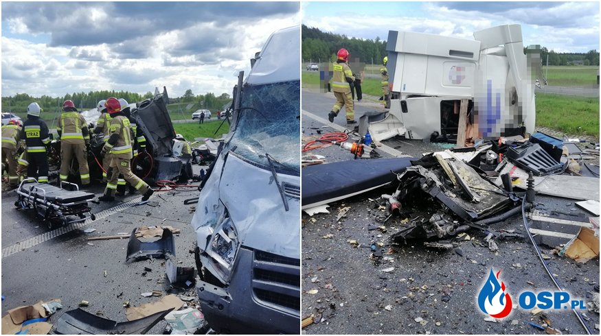Kabina ciężarówki spadła na jezdnię po zderzeniu. Groźny karambol na S8. OSP Ochotnicza Straż Pożarna