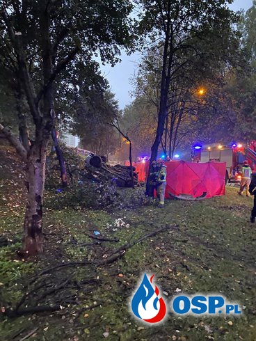 Dwóch młodych mężczyzn zginęło w Katowicach. Ich auto dachowało. OSP Ochotnicza Straż Pożarna