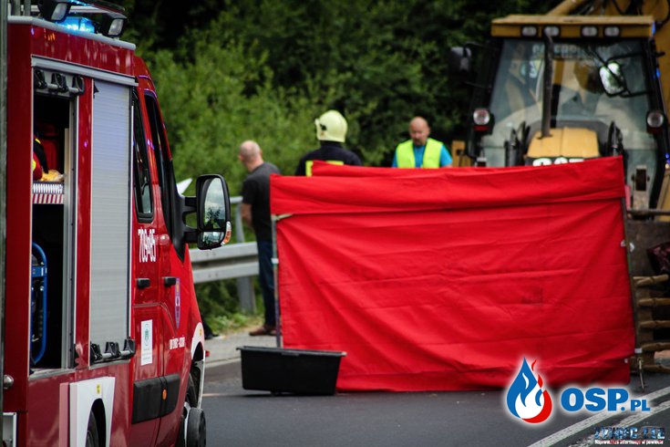 Czołowe zderzenie koparki i dostawczego volkswagena. Nie żyje 46-letni kierowca. OSP Ochotnicza Straż Pożarna