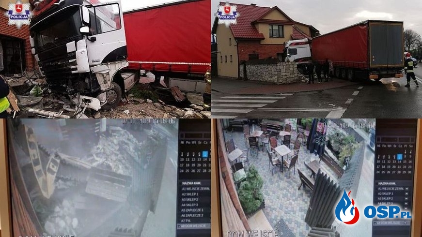 Ciężarówka staranowała ogródek piwny i wbiła się w restaurację! Nagranie z monitoringu. OSP Ochotnicza Straż Pożarna