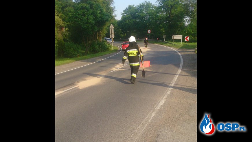 Plama oleju na DW956 w Biertowicach. OSP Ochotnicza Straż Pożarna