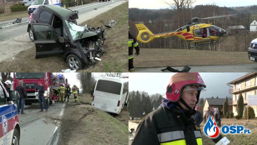 Groźny wypadek w Małopolsce. Autobus zderzył się z samochodem osobowym. OSP Ochotnicza Straż Pożarna