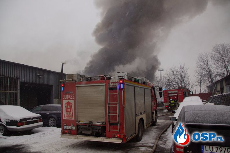 Pożar hali ze sprzętem AGD w Lublinie. Część płonącego budynku zawaliła się. OSP Ochotnicza Straż Pożarna