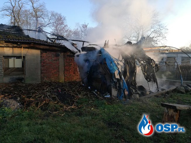 Pożar w Ciosańcu. Spłonął garaż i zaparkowany w nim samochód. OSP Ochotnicza Straż Pożarna