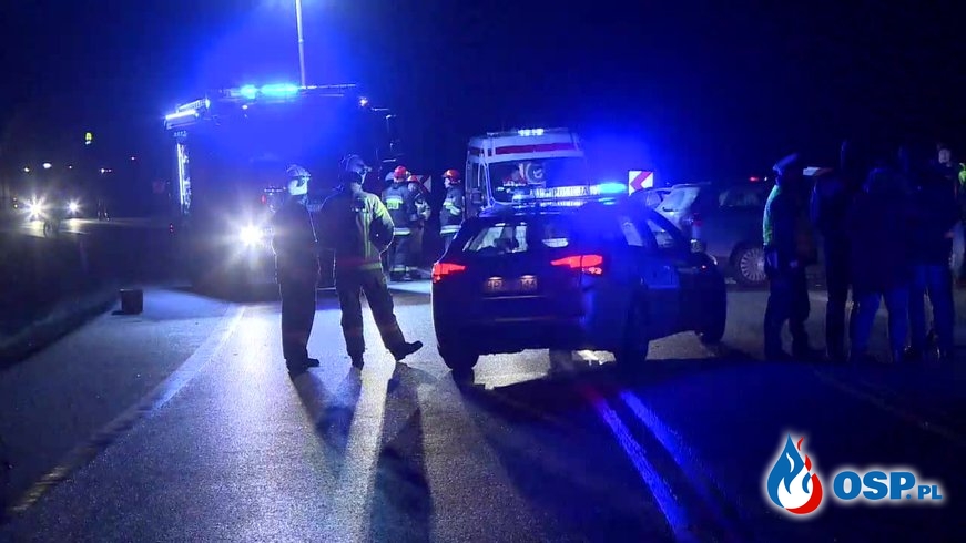 Dwie osoby zginęły, trzy są ranne. Czołowe zderzenie BMW i Volkswagena na obwodnicy Kutna. OSP Ochotnicza Straż Pożarna